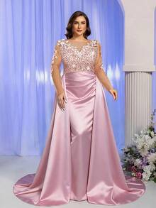 SHEIN Belle 优雅撞色网眼贴花长袖 V 领迷人亮片拼接缎面高腰修身美人鱼尾巴夸张拼接适合晚会、单身派对、约会、度假、舞会、婚礼、返校季节、大码晚礼服（重度装饰） - 藕粉色 - 查看 1