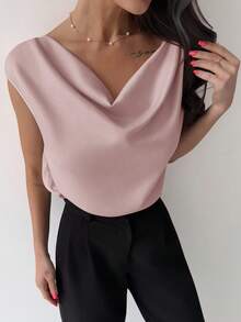 Firerie 优雅不对称荷叶边领无袖缎面连体衣，杏色，简约设计，适合约会、通勤、办公室穿着，别致 - 藕粉色 - 查看 7