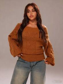 Rustia Áo len dài tay hở vai dáng rộng cỡ lớn dành cho nữ, thu/đông - màu nâu - Xem 1