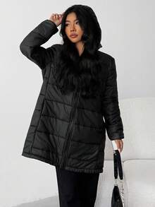 SHEIN 休闲舒适连帽长款棉衣，适合青少年女孩，百搭秋冬女孩服装 - 黑色 - 查看 4
