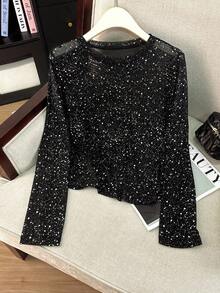 Franclia 女式黑色银箔圆领长袖时尚上衣 - 黑色 - 查看 1