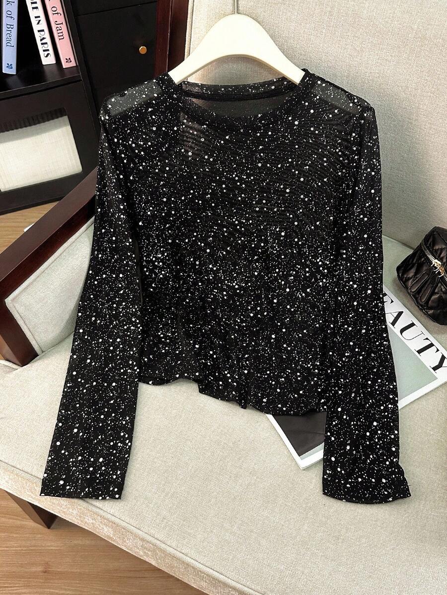 Franclia 女式黑色银箔圆领长袖时尚上衣 - 黑色 - 查看 1