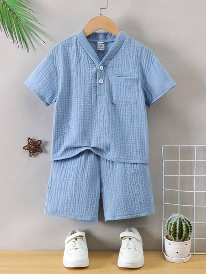 2 件套年轻男孩休闲舒适时尚简约实用百搭柔软棉麻质地短袖衬衫和短裤套装，透气舒适，适合春夏季