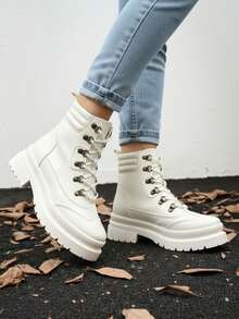 Botas para mujer, plataforma gruesa, forro cálido, punta redonda con agujetas, estilo urbano vintage para exterior y uso diario - Blanco - Ver 3