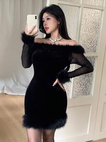 Feyla Black Fuzzy Mesh Bodycon Long Sleeve Mini Dress, Elegant And Sophisticated For Parties, Dates, Holidays - Black - View 3
