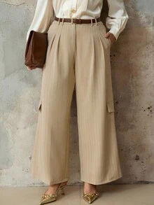 Flirla Pantalones rectos casuales y sueltos de talla grande para mujer, de cintura media con rayas tejidas - Caqui - Ver 5