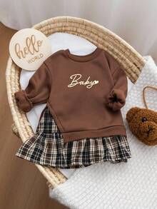 SHEIN Baby Girl Cute Color Block Long Sleeve Dress,Autumn Winter Brown Plaid Outfit For Graduation,Back-To-School Season Toddler Mocha Clothes Set - Multicolor - View 5