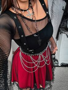 Whyspr Sunspun-D cỡ lớn dành cho nữ phong cách Gothic Punk thời trang Halloween lưới tương phản viền bèo nhún tối màu - Nhiều màu - Xem 7