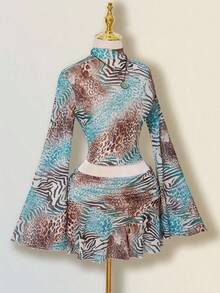SHEIN ICON Vintage Animal Print Flare Sleeve Top And Skirt 2 Pieces Set For Women Leopard Print Set - Green - View 5