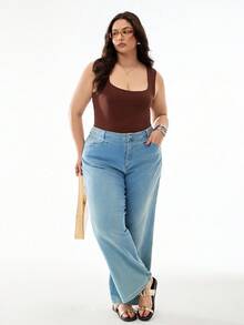 Solavibe Plus Size Round Neck Fitted Camisole Vest, Casual Basic Summer Wear - Brown - View 2
