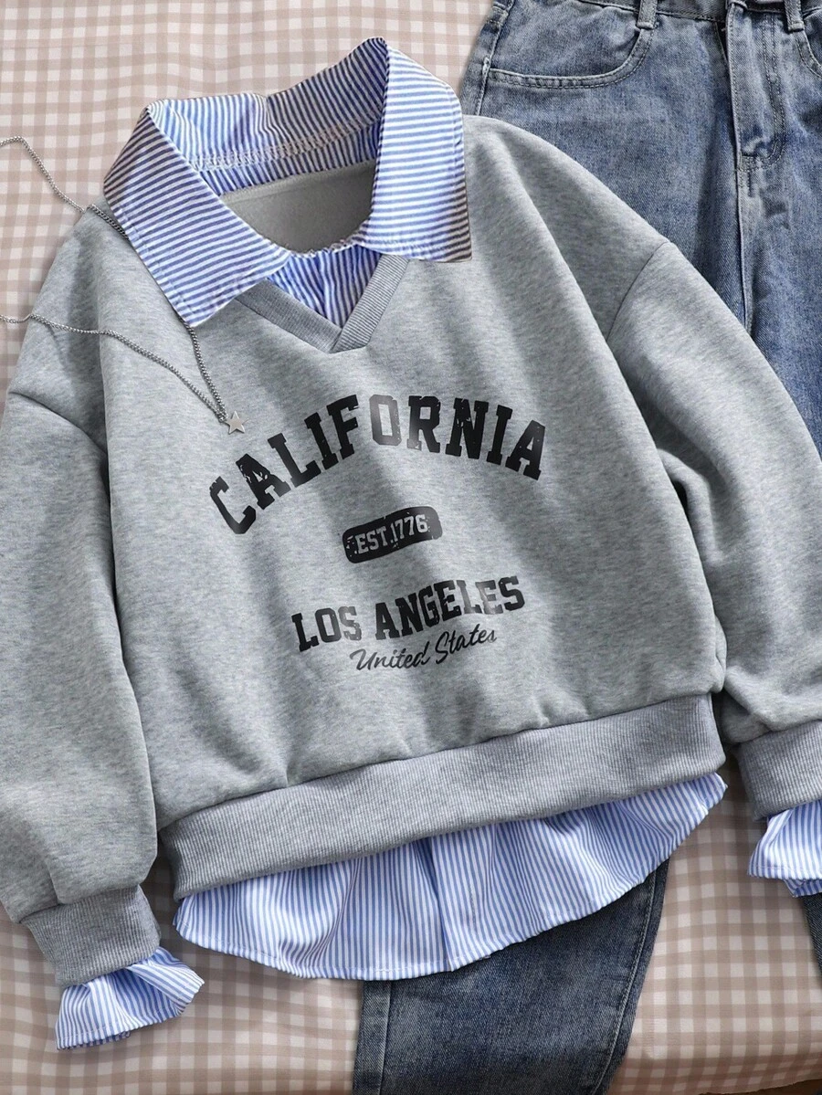 SHEIN Tween Girls' Sweatshirt, Casual College Style Versatile, 2 In 1 Sweatshirt Shirt Collar Numeric & Letter Print Leopard Pattern Loose Fit - Dark Grey - View 1