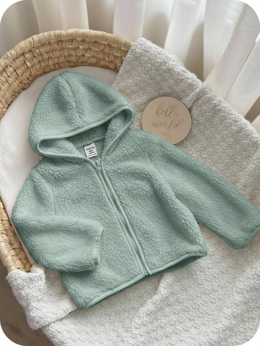 Baby Boy Solid Color Long Sleeve Zip-Up Hooded Fleece Jacket, Autumn/Winter - Mint Green - View 1