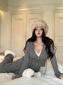 DAZY 秋冬休闲修身针织开衫和直筒裤套装，新年和圣诞节时尚连帽毛衣，纹理针织运动紧身裤，女士两件套毛衣套装 - 灰色 - 查看 10