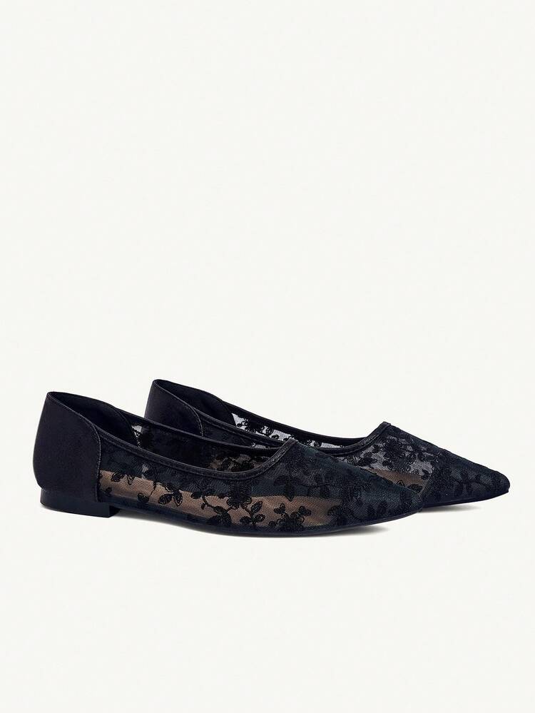 CUCCOO CHICEST Women's Fashion Pointed Toe Black Lace Mesh Breathable Elegant Comfortable Casual Flat Shoes For Christmas Elegant Shoes Wedding Shoes Summer Shoes Bride Shoes
