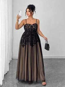 Elenzga 加大码优雅女式黑色网眼裸色衬里蕾丝印花优雅精致连衣裙，适合返校、毕业、情人节、音乐节、母亲节、万圣节、感恩节、复活节、国庆节、舞会、约会派对、婚礼季、户外郊游 - 黑色 - 查看 5