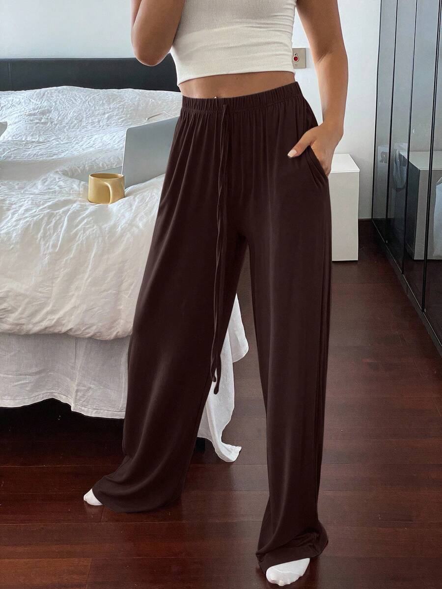 Livesso 女士舒适宽松直筒睡裤，舒适休闲家居服 - 咖啡棕 - 查看 1