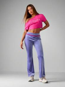 MISSGUIDED 天鹅绒喇叭裤 Y2K 复古阔腿瑜伽休闲裤 美观秋冬舒适下装 - 紫色 - 查看 5