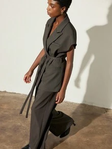 Aveloria Modichic Women's Elegant Turndown Collar Casual Belted Loose Cap Sleeve Vest And High Waist Wide Leg Pants Suit Set - Olive Green - View 6