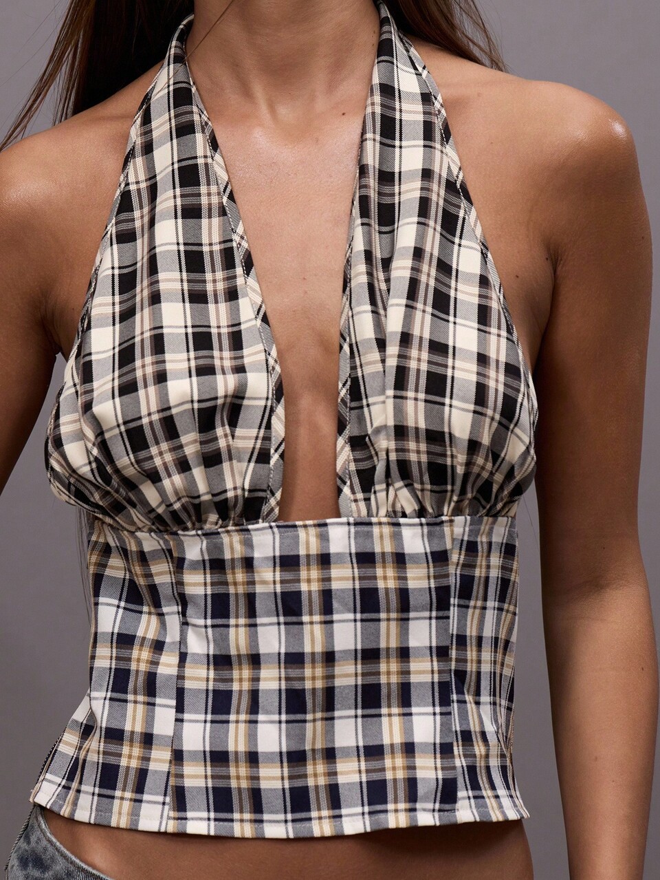 Black And White Checkered Ruched Bust Plunge Halterneck Top,Summer Street Wear Y2k Club Night Out Elegant Holidays Party Festival
