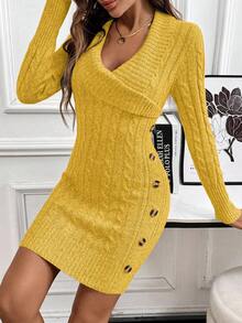 EMERY ROSE Collared Knit Long Sleeve Comfortable Sweater Dress - Pale Yellow - View 7