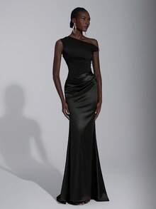 Elitara Vestido de cola de pez con decoración de hebilla metálica, hombro asimétrico, satén con brillo metálico burdeos y parches, adecuado para bodas, eventos formales, dama de honor - Negro - Ver 7