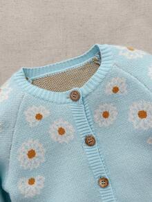 Blossori Young Girls' French Elegant Floral Pattern Front Button Knit Cardigan,Cozy Fall & Winter Styles, Children Cardigan, Kids Sweaters For Girls Button, Kids Cardigan, Blue Cardigan - Blue - View 5