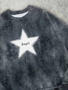 Manfinity ZONE917 Men Casual Street Style Faux Denim Effect White Star & Angel Print Thermal Lined Pullover Sweatshirt, Fall/Winter