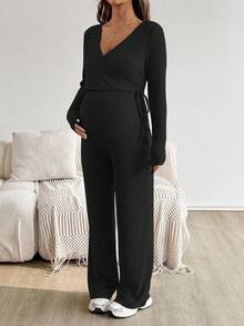 SHEIN Pregnant Women's Casual Everyday Commute Simple Solid Color Surplice Neck Wrap Knot Side Nursing T-Shirt And Pants Set, Spring/Autumn