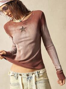 Bohemela 女式休闲纯色针织拼布长袖 T 恤 - 摩卡棕 - 查看 6