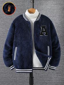 1 件男童休闲学院风字母条纹丝带拼布羊毛连帽夹克，适合秋冬休闲、上学和通勤穿着