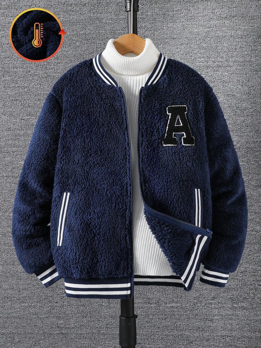 1 件男童休闲学院风字母条纹丝带拼布羊毛连帽夹克，适合秋冬休闲、上学和通勤穿着