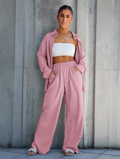 SAYEHFBABY 2 chiếc áo dài tay đơn hàng khuy đơn màu trơn cho nữ và quần thường ngày