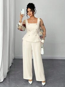 Elenzga Plus Size Women Elegant Contrast Mesh Embroidered Long Sleeve Blouse And High Waist Wide Leg Pants 2 Pieces Set - Apricot - View 5