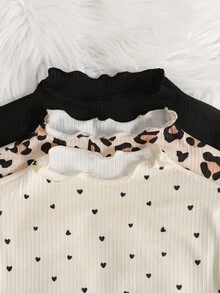 SHEIN 3 件套青少年女孩休闲百搭豹纹和波尔卡圆点图案针织长袖上衣，秋冬 - 彩色 - 查看 6