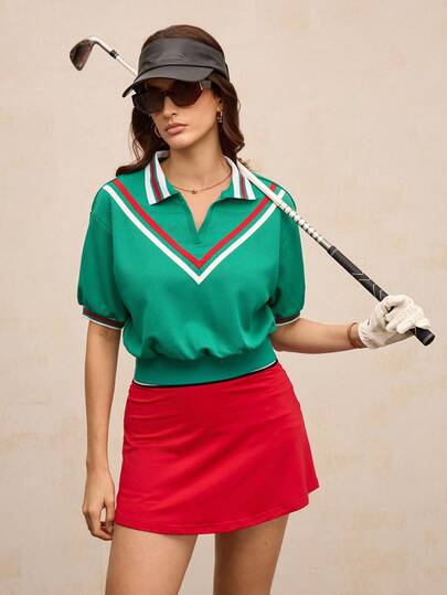 Activina Women's Summer Casual Striped Puff Sleeve Sports Polo Shirt