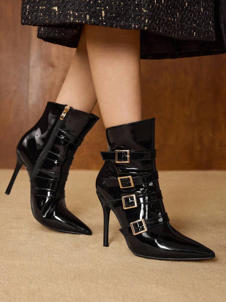 ELEGANT PATENT LEATHER HEELED BOOTS WITH METAL BUCKLE STRAP, SLIM HIGH HEELS