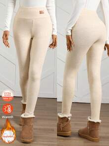 Easowa Women's Beige Thermal Lined Leggings, Autumn/Winter Cream Leggings Knit Leggings Leggings Women Leggings Ankle Leggings Women Bottoms Long Pants Women Warm Leggings High Waisted Leggings Winter Women Clothes - Apricot - View 2