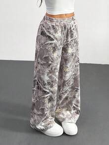 SHEIN PETITE Western Wear Women 's Branch Print Loose Sweatpants For Summer