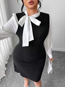 Elenzga Plus Size Patchwork Long Sleeve Ribbed Tie-Up Dress
