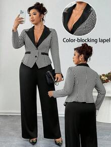 Elenzga Plus Size Elegant Formal Black And White Houndstooth Knit Patchwork Contrast Color Long Sleeve Blazer&Casual Straight Leg Pants 2 Pieces Set,Summer - Black and White - View 2