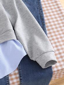 Teen Girl Casual Pullover Sweatshirt, Versatile For School & Commute, 2 In 1 Sweatshirt With Shirt Collar, Numeric & Letter, Leopard Print Pattern, Loose Fit - Grey - View 4