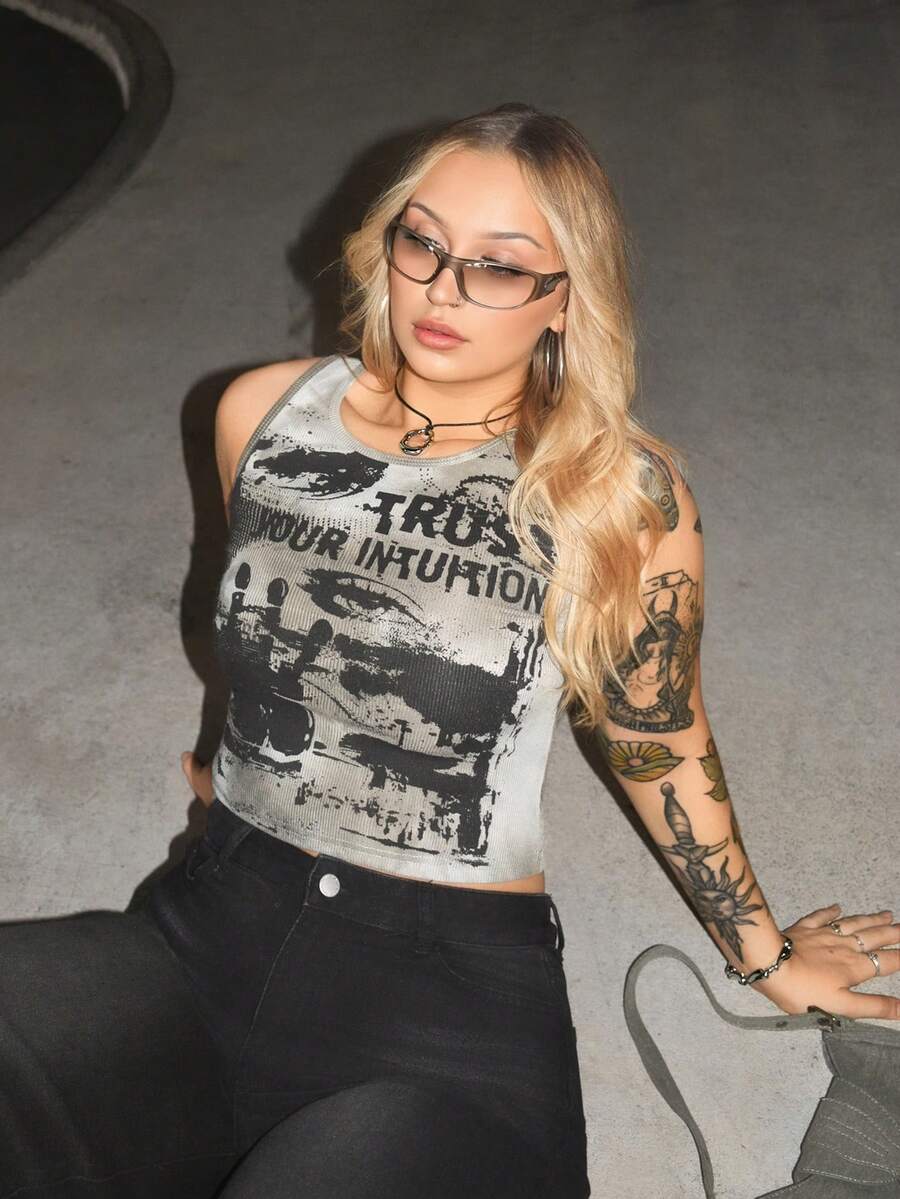 Arliah Tie-Dye Eyes Letter Print Tank Top, School - Multicolor - View 1