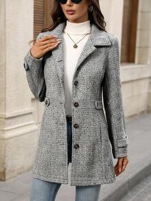 EMERY ROSE Abrigo grueso de espiga de alta gama con cintura ceñida y solapa única para mujer en otoño/invierno - Blanco y Negro - Ver 4