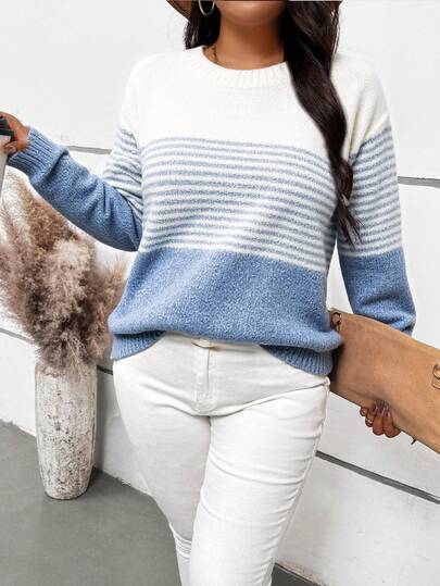 EMERY ROSE 百搭休闲日常秋季蓝白撞色拼色条纹图案大码圆领毛衣休闲日常穿搭秋冬适合日常通勤