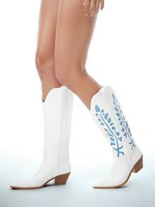 Solezae New Women's Embroidery Vegan Leather Pointed Toe Chunky Heel Slip-On Western Style Chic Cowboy Boots - White - View 3