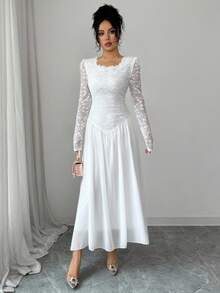 Modelyn Váy nữ cổ vuông họa tiết hoa thêu ren Pháp, eo thắt eo - trắng - Xem 8