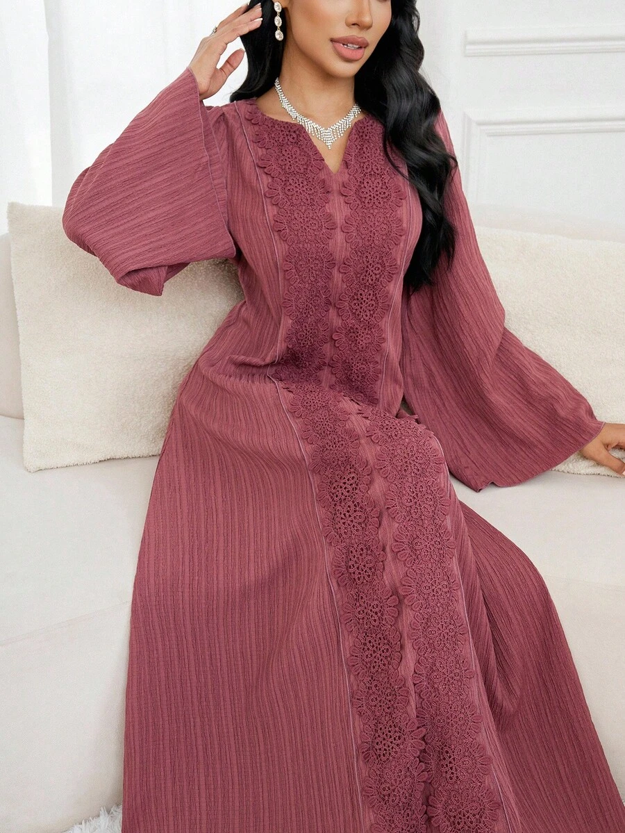 Al Najma 女款優雅套裝休閒端莊菲律賓風純色蕾絲拼接喇叭袖阿拉伯式長裙,適合約會、冬季正式場合、洗禮賓客,粉紅色 - 淺灰紫 - 查看 1