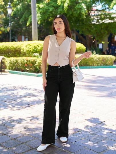 Andrea Bello 女式休闲前扣口袋阔腿牛仔裤