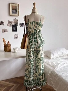 Girls Striped Bow Camisole Top And Straight Leg Pants Summer Vacation Outfit - Green - View 2