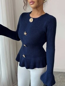 SHEIN Elenzya Women's Elegant Metal Buckle Cuff & Ruffle Hem Design Long Sleeve Sweater, Autumn/Winter